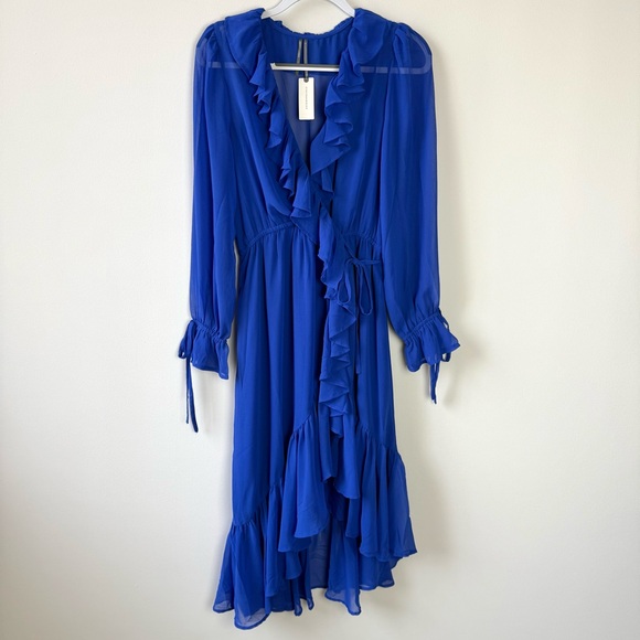 NWT By Anthropologie Long Sleeve Ruffled Asymmetric Midi Dress Blue - Picture 3 of 8